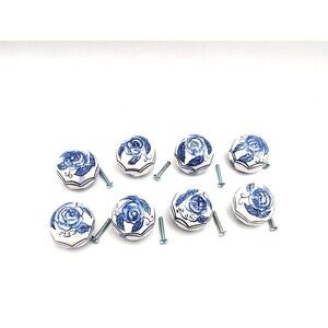 8 Ganz Porcelain Blue and White Cabinet Knob Lot Screws included